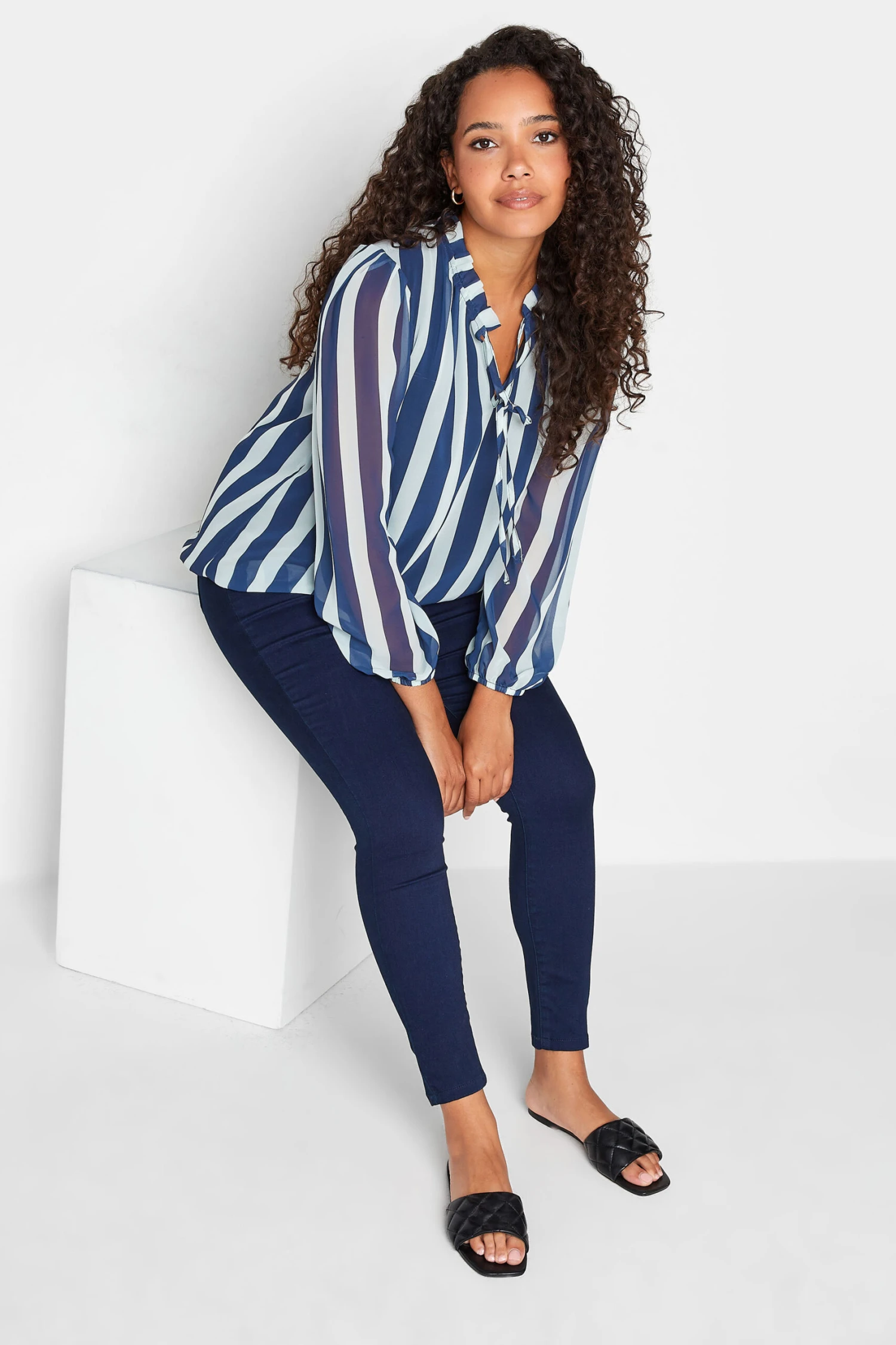 M&Co Navy Blue Stripe Tie Neck Blouse 2 M&Co Navy Blue Stripe Tie Neck Blouse - Image 2