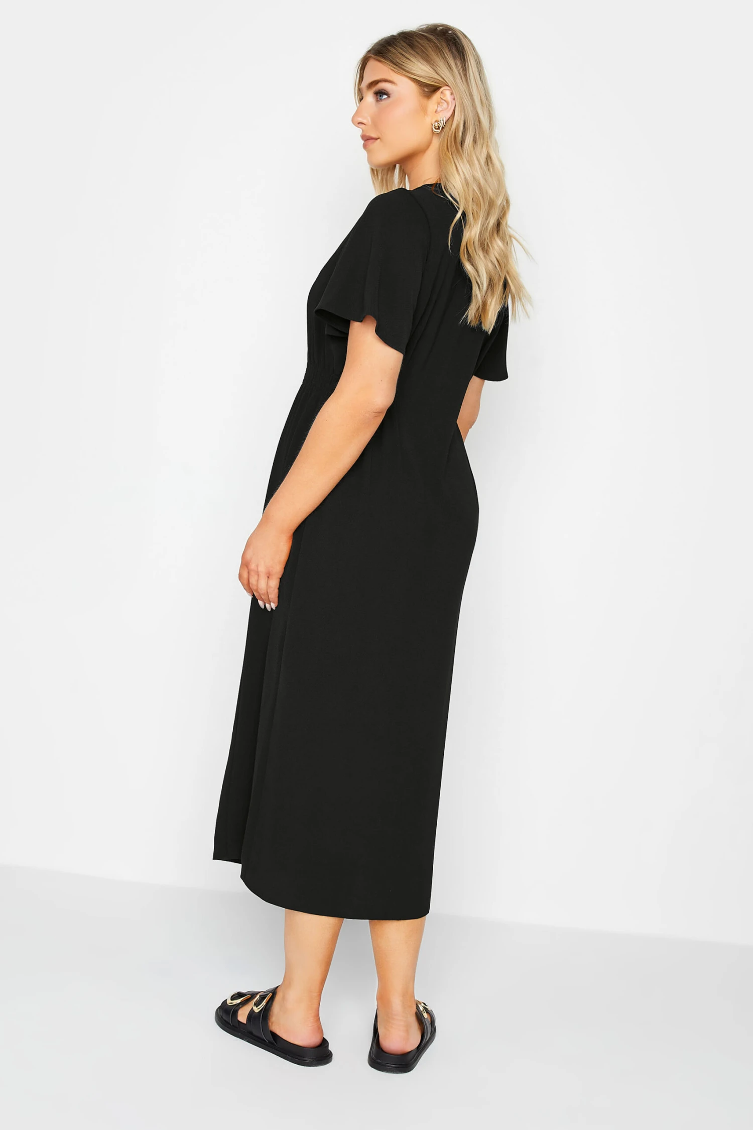 M&Co Black Shirred Waist Button Through Midi Dress 3 M&Co Black Shirred Waist Button Through Midi Dress - Image 3