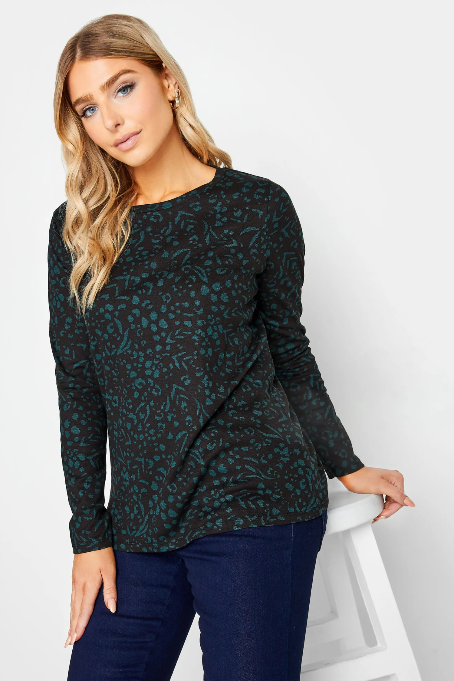 M&Co Green Teal Animal Print Long Sleeve Cotton Top 2 M&Co Green Teal Animal Print Long Sleeve Cotton Top - Image 2