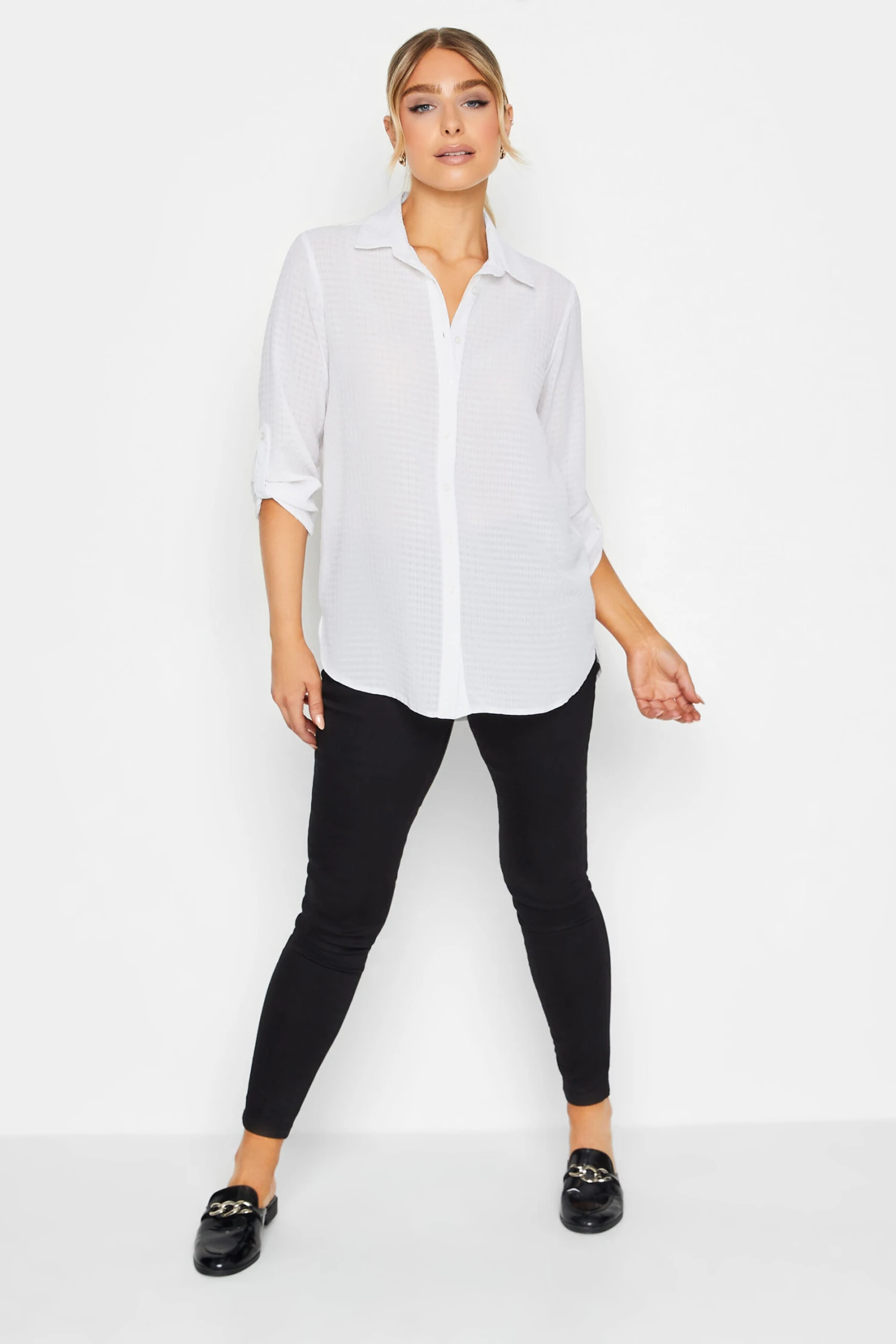 M&Co Ivory White Dobby Check Tab Sleeve Shirt 2 M&Co Ivory White Dobby Check Tab Sleeve Shirt - Image 2