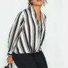 M&Co Black Stripe Print Wrap Front Blouse