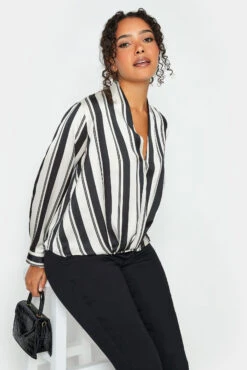 M&Co Black Stripe Print Wrap Front Blouse