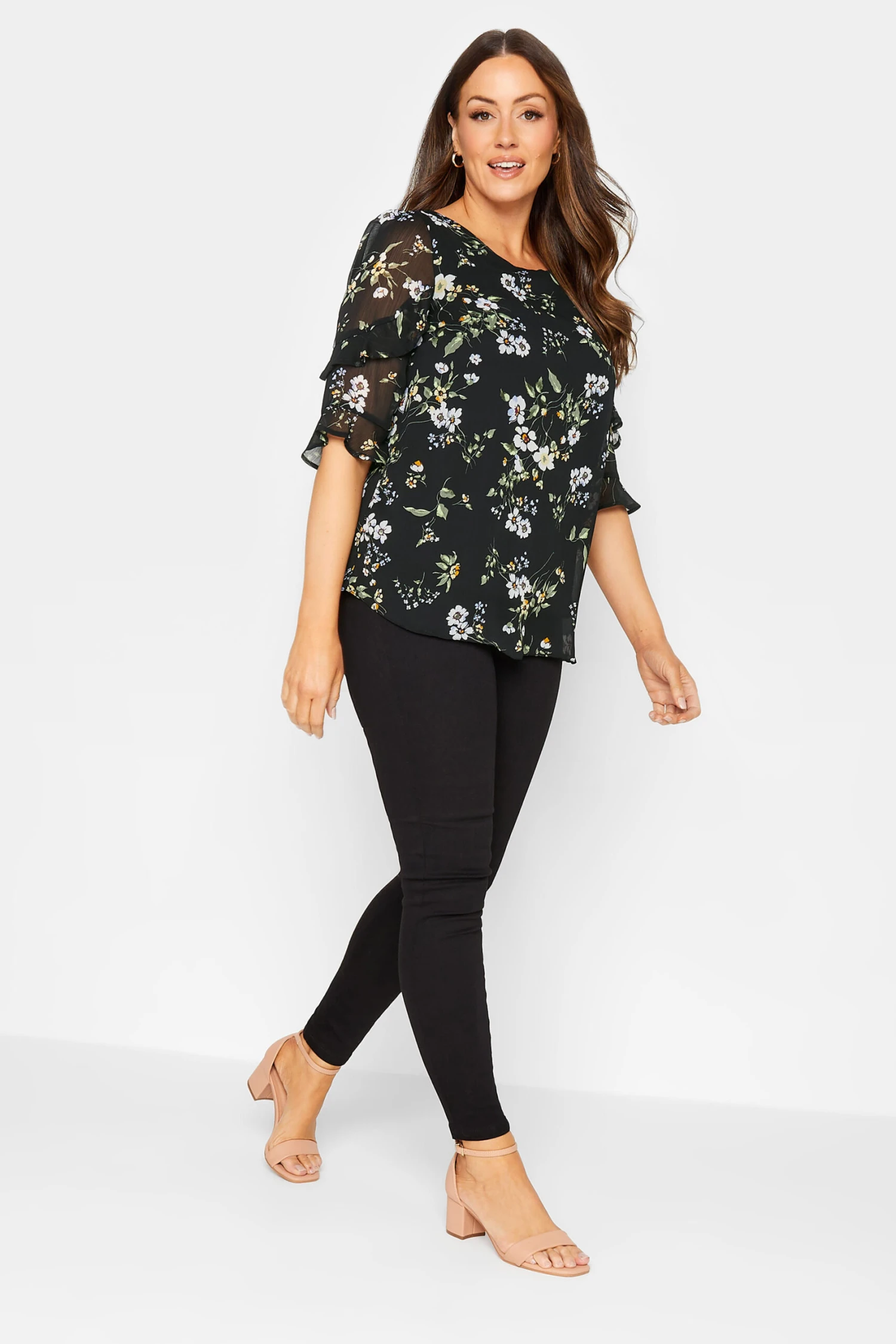 M&Co Black & White Floral Double Frill Sleeve Blouse 2 M&Co Black & White Floral Double Frill Sleeve Blouse - Image 2